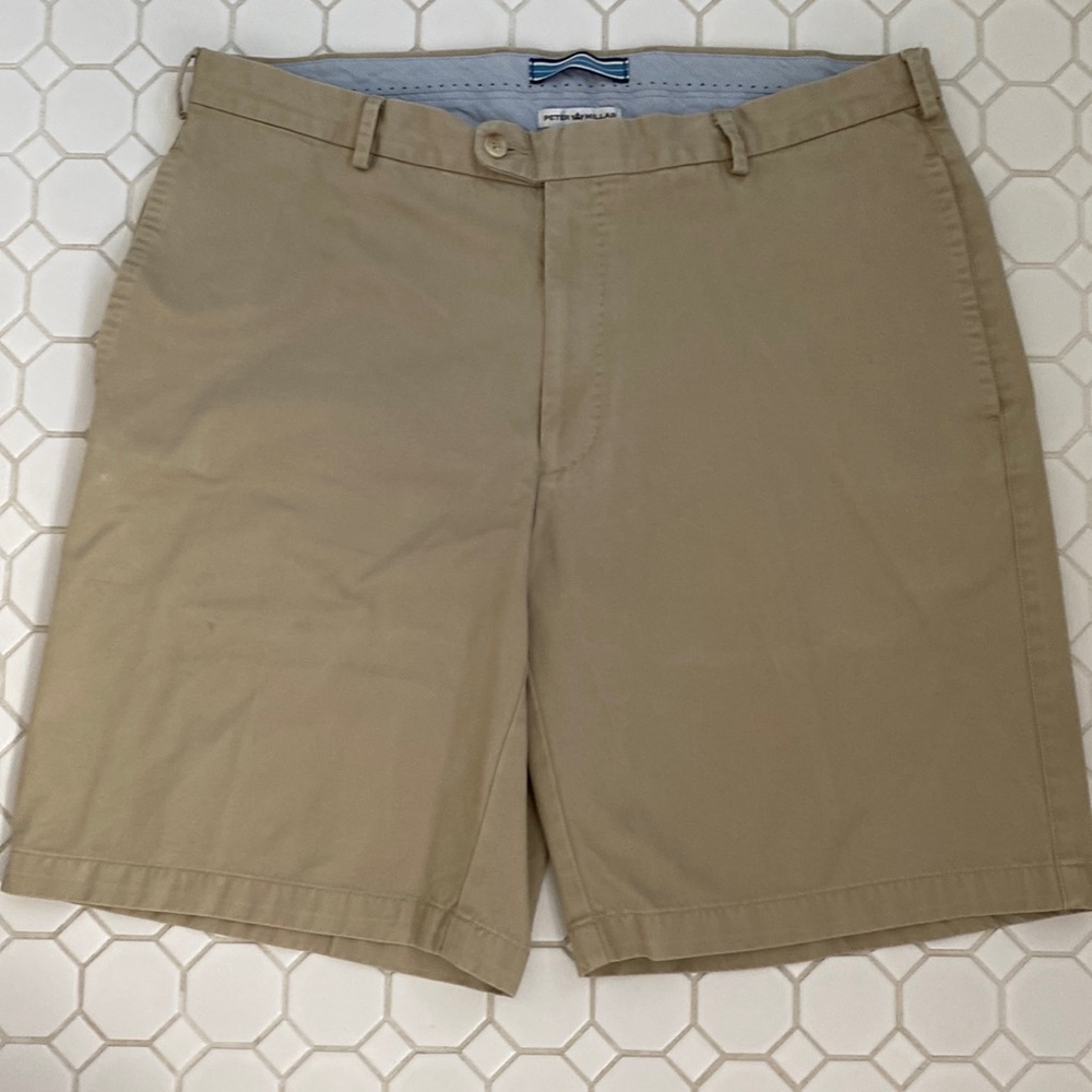 Peter Millar tan flat front golf short